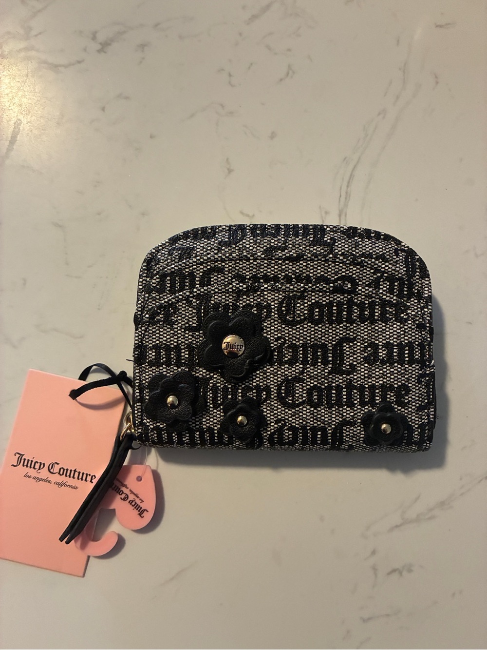 Juicy Couture Black & White Logo Zip Around Wallet Coin Purse Floral NWT